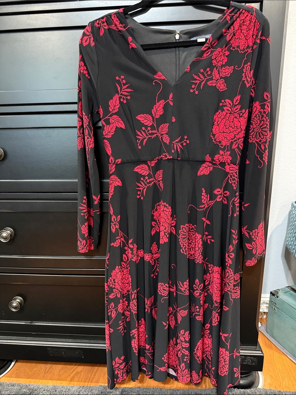Tommy Hilfiger Black Long Sleeve Dress with Red Floral Print